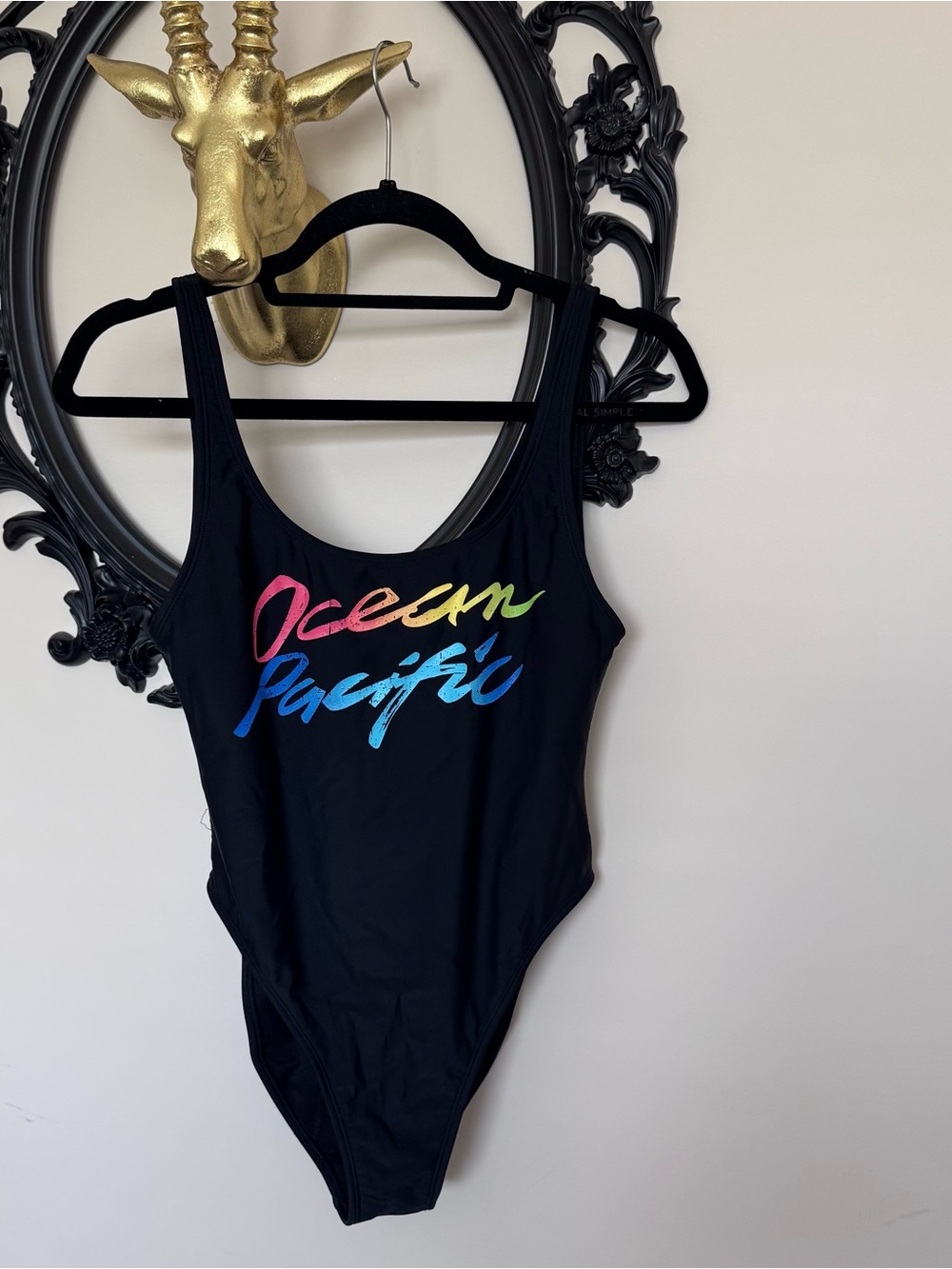OP Black One-Piece Swimsuit with Multicolor Rainbow Script
